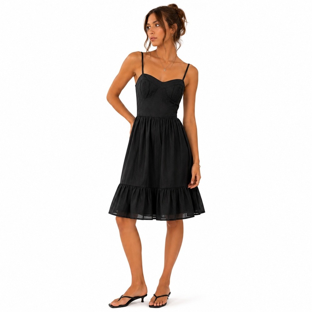 French Connection Bustier Solid Fit and Flare Dress Black Ruffle Hem Size 4